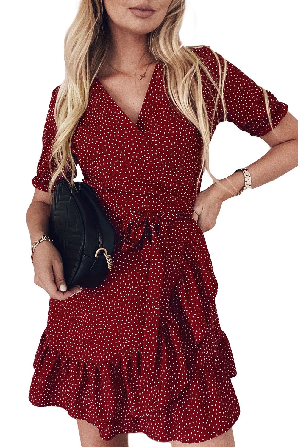 Bohemian Dotted Print Wrap V Neck Ruffled Mini Dress