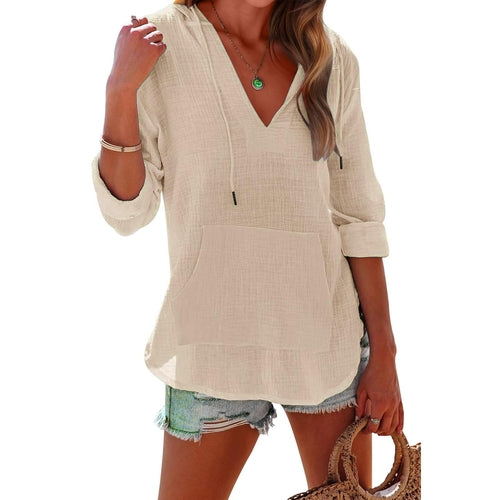 V-neck Hooded Shirt With Pockets Fashion Sports Long-sleeved Split