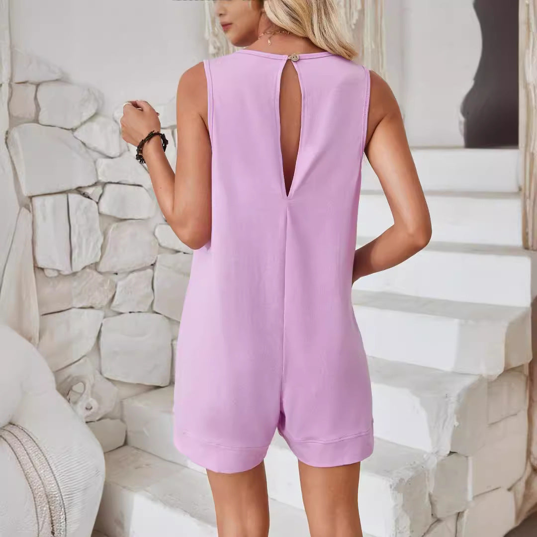Women Sleeveless Shorts Jumpsuit With Pockets Fashion Beach Pants