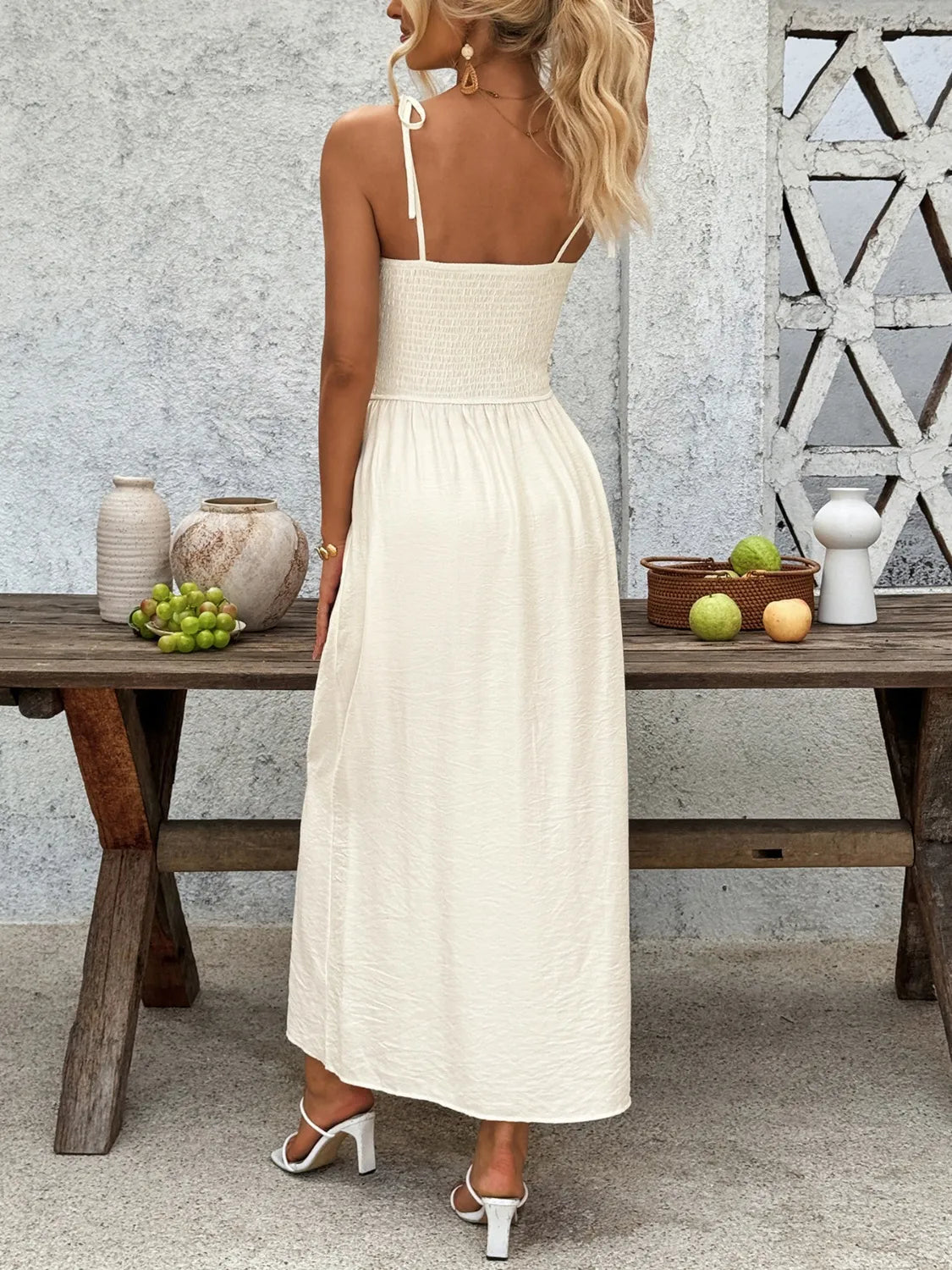 Smocked Button Front Tie Shoulder Dress