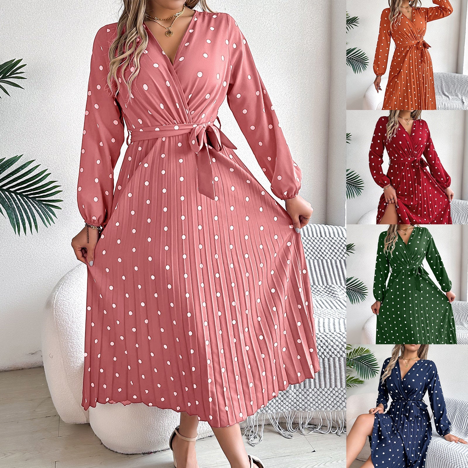 Spring Summer Elegant Long Dress Cross V-Neck Contrast Polka Dot Long