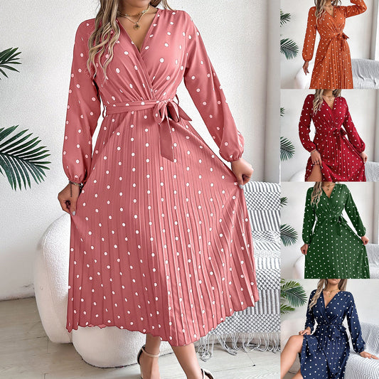 Spring Summer Elegant Long Dress Cross V-Neck Contrast Polka Dot Long