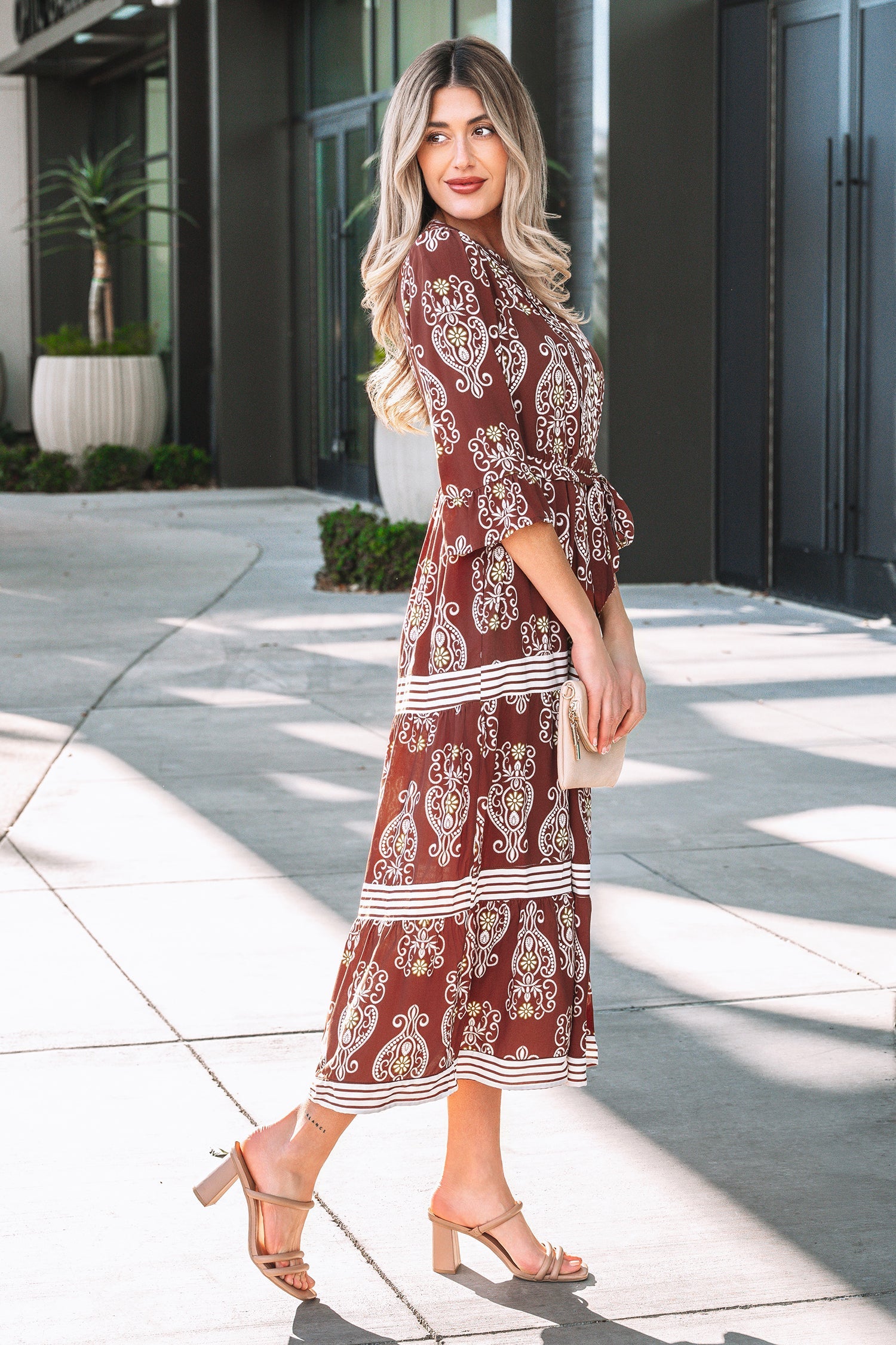 Floral Boho Belted Stripe Trim Tiered Maxi Dress