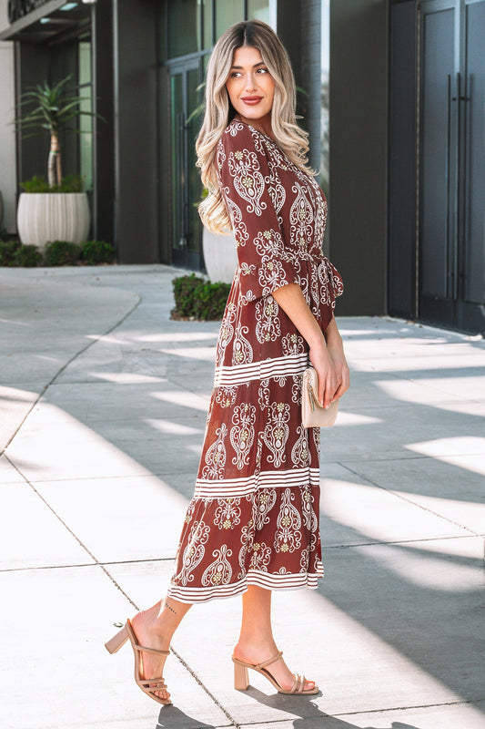 Floral Boho Belted Stripe Trim Tiered Maxi Dress