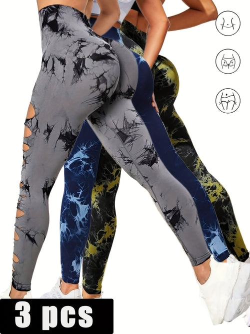 3 Pack Women's Tie Dye Cutout Tights High Waist Workout Yoga Leggings,
