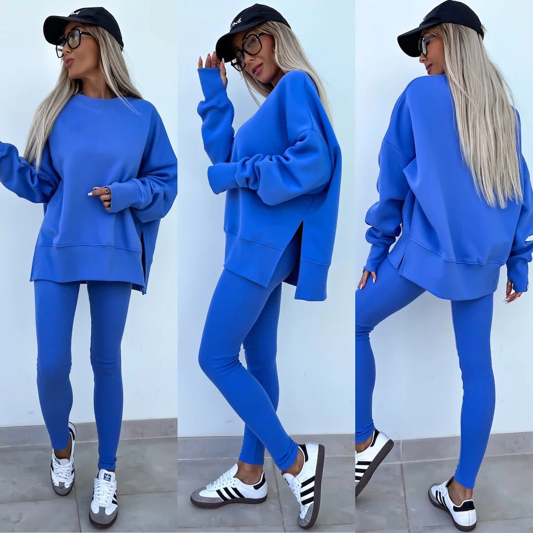 Sweater Suit Women's Casual Loose Long Sleeve Crew Neck Split Top