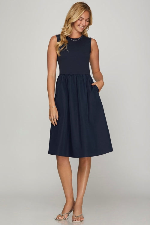 She + Sky Full Size Sleeveless Poplin Woven Midi Dress with Pockets