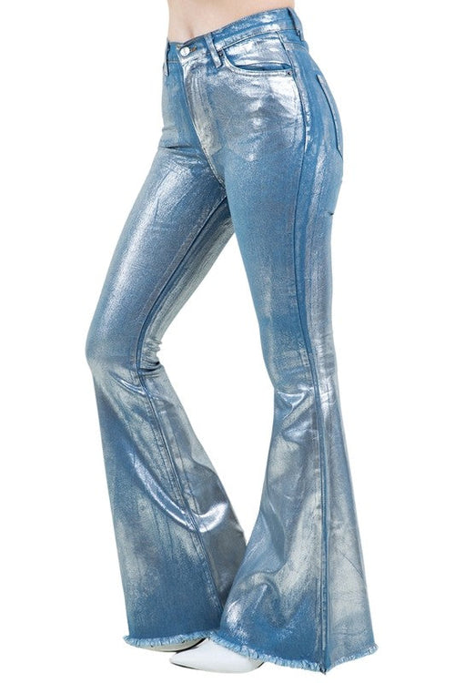 Metallic Bell Bottom Jean in Blue - Inseam 32\
