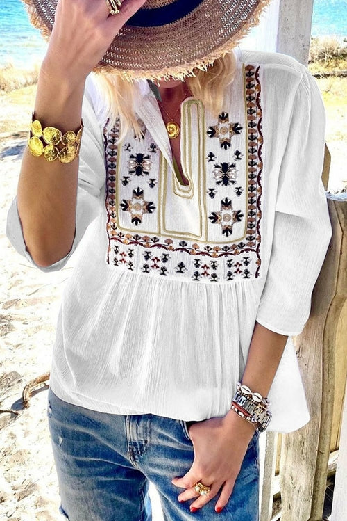 3/4 Sleeves Embroidered Pattern Pleated Blouse
