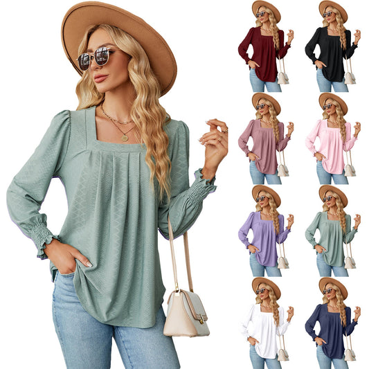 Jacquard Pleated Square Collar Long Sleeve Swallowtail Solid Color