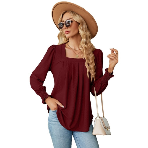 Jacquard Pleated Square Collar Long Sleeve Swallowtail Solid Color