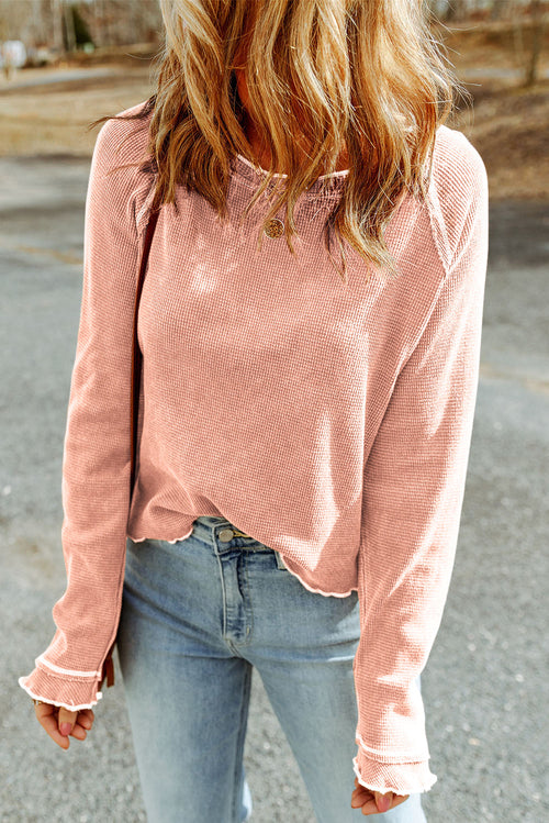 Solid Waffle Knit Round Neck Long Sleeve Top