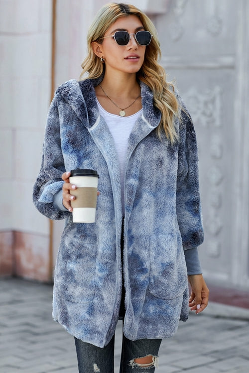 Multicolor Tie Dye Soft Fleece Hooded Open Front Coat
