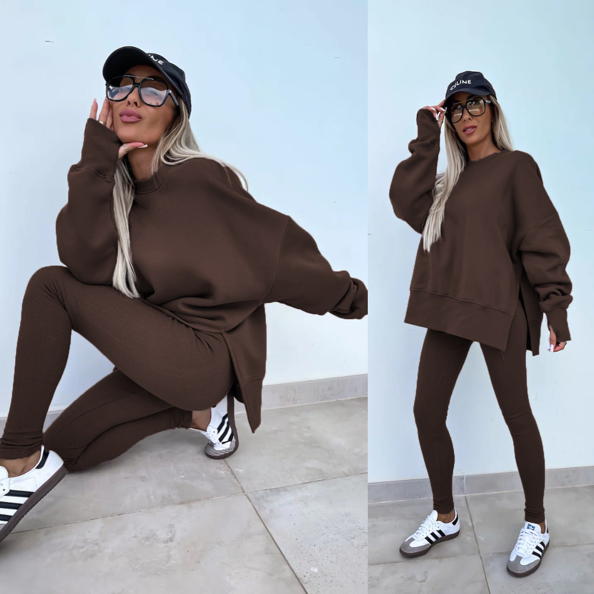 Sweater Suit Women's Casual Loose Long Sleeve Crew Neck Split Top