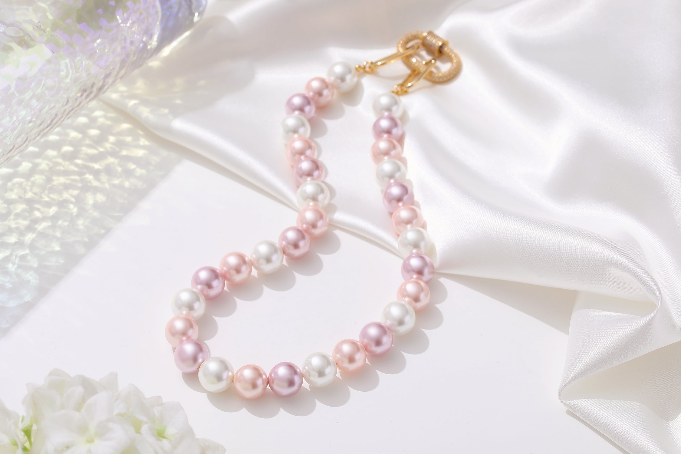 Pink Shell Pearl Necklace with Gem-Encrusted  Carabiner Lock (Large)