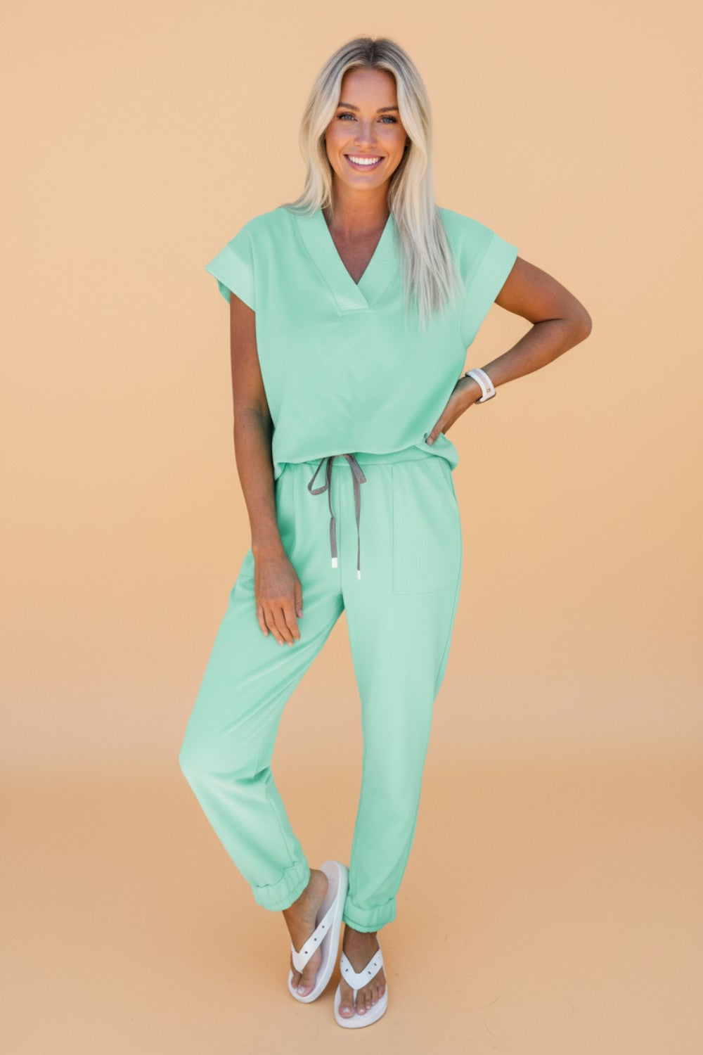 Solid V-Neck Tee & Drawstring Pants Set