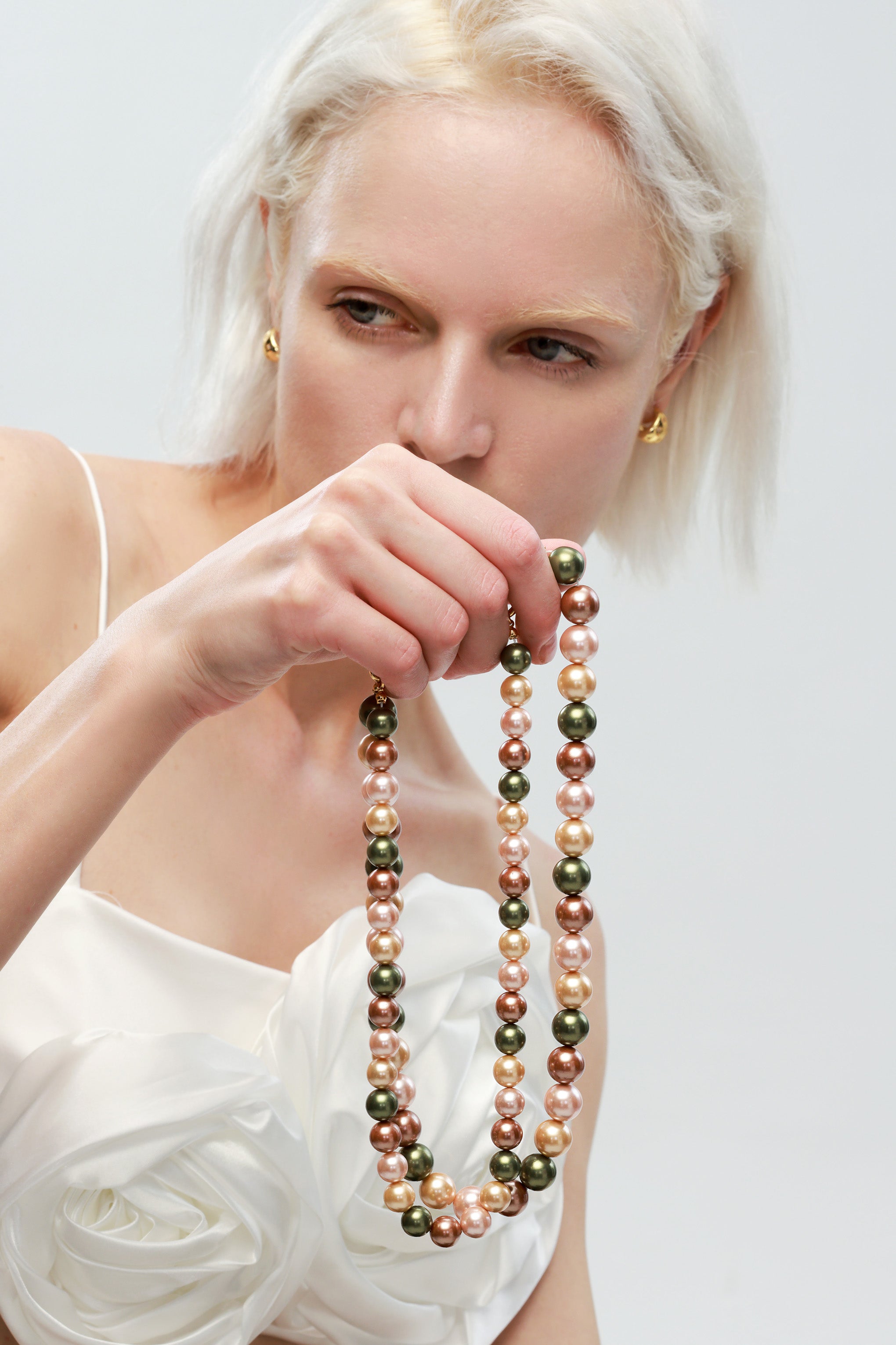 Gold Shell Pearl Necklace with Gem-Encrusted  Carabiner Lock (Large)