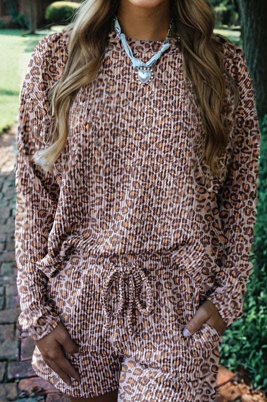 Leopard Ribbed Long Sleeve Top and Shorts Set