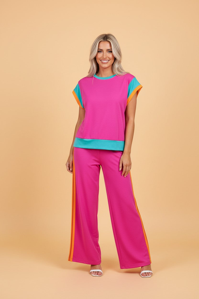 Colorblock Short Sleeve Top & Wide Leg Pants Set