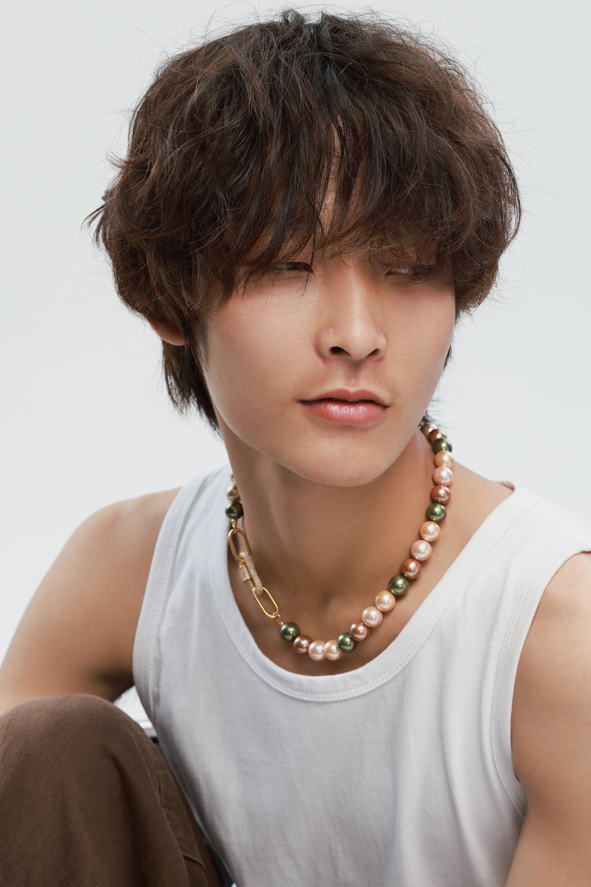 Gold Shell Pearl Necklace with Gem-Encrusted  Carabiner Lock (Large)