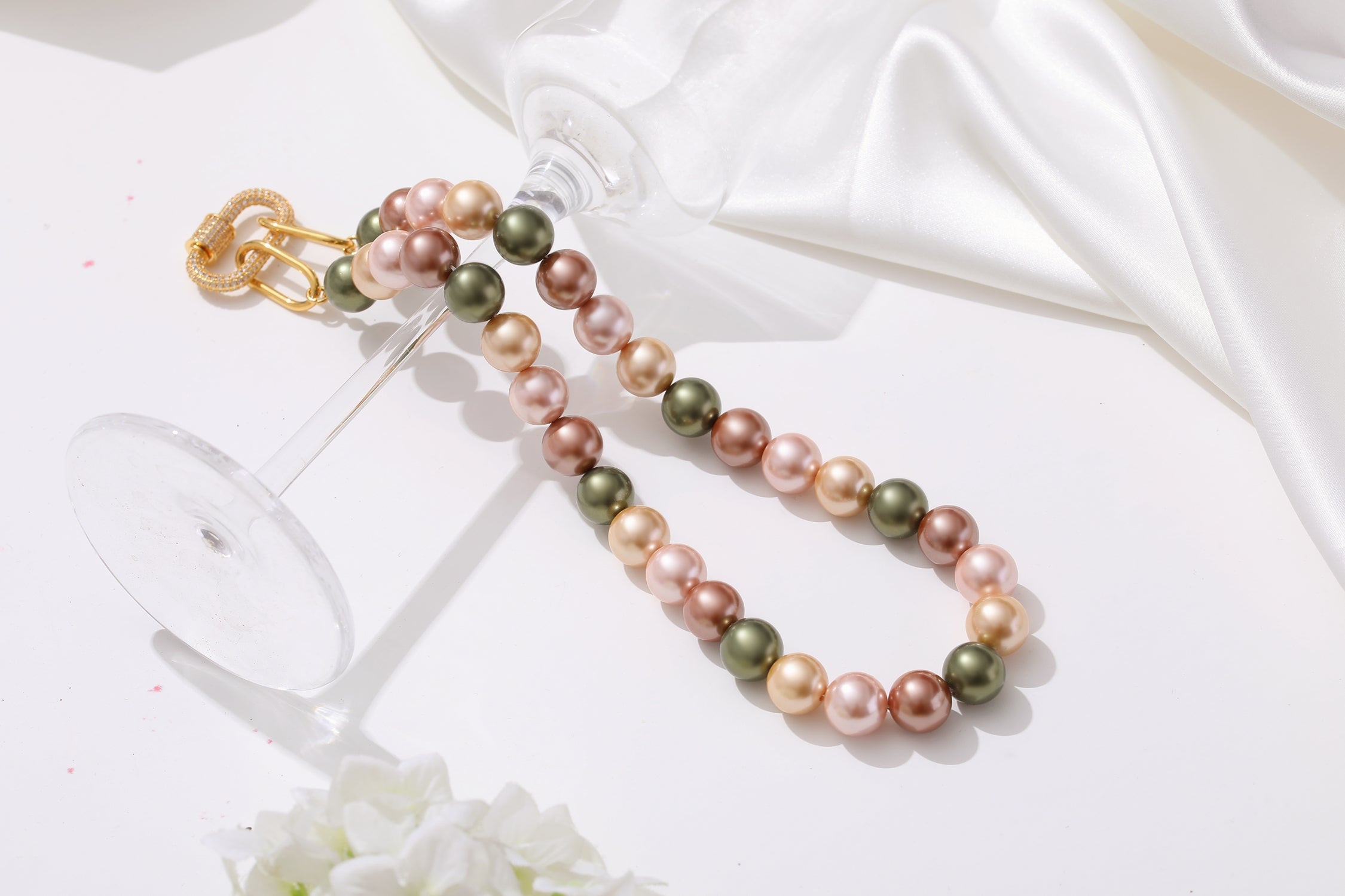 Gold Shell Pearl Necklace with Gem-Encrusted  Carabiner Lock (Small)