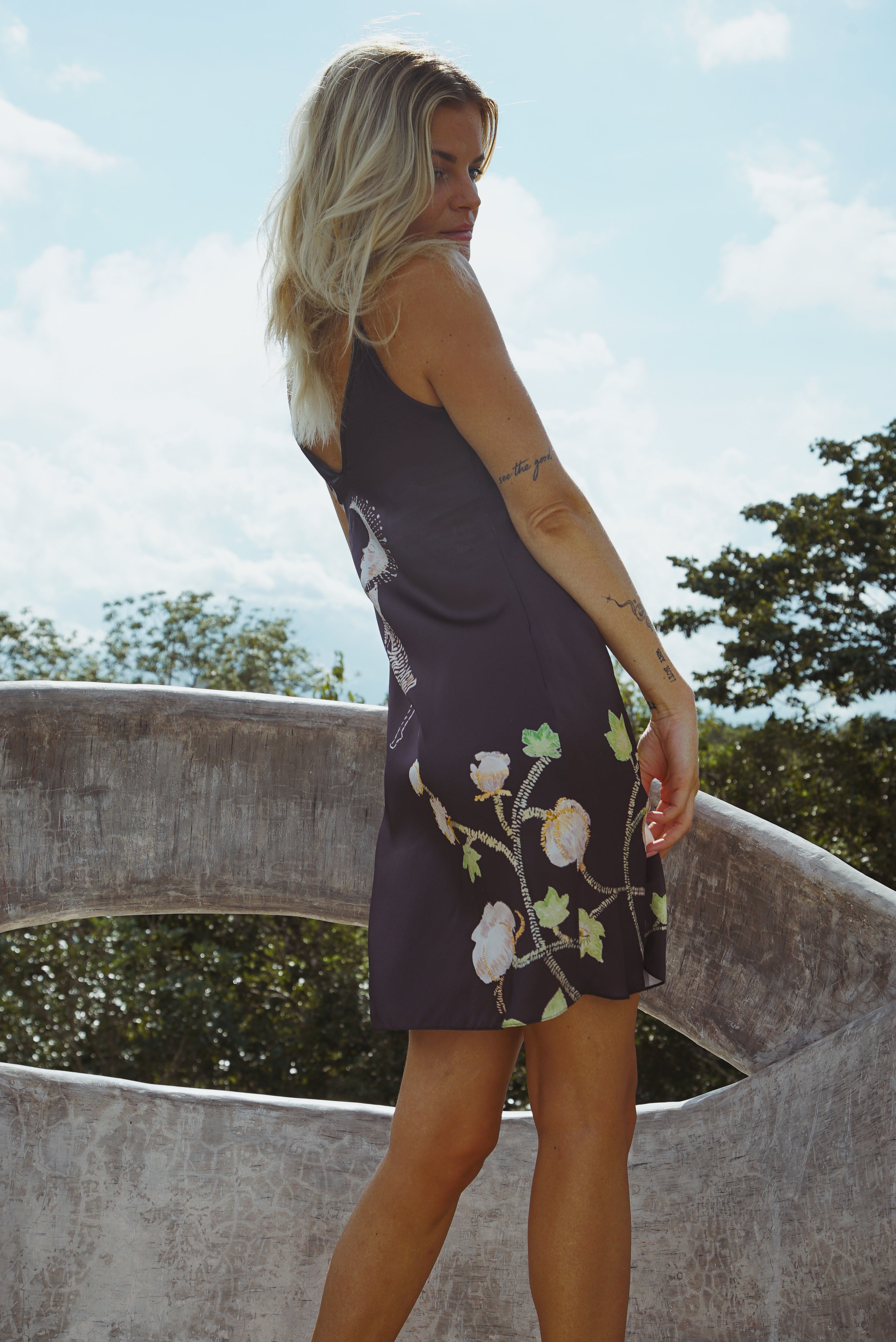 Vela Silk Slip Dress in Black Jungle Butterfly