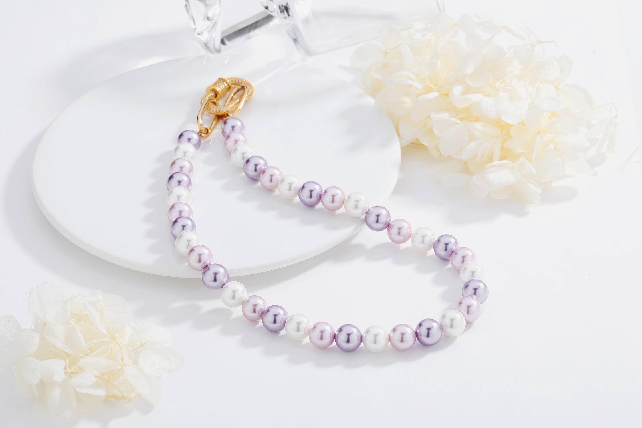 Purple Shell Pearl Necklace with Gem-Encrusted  Carabiner Lock (Small)