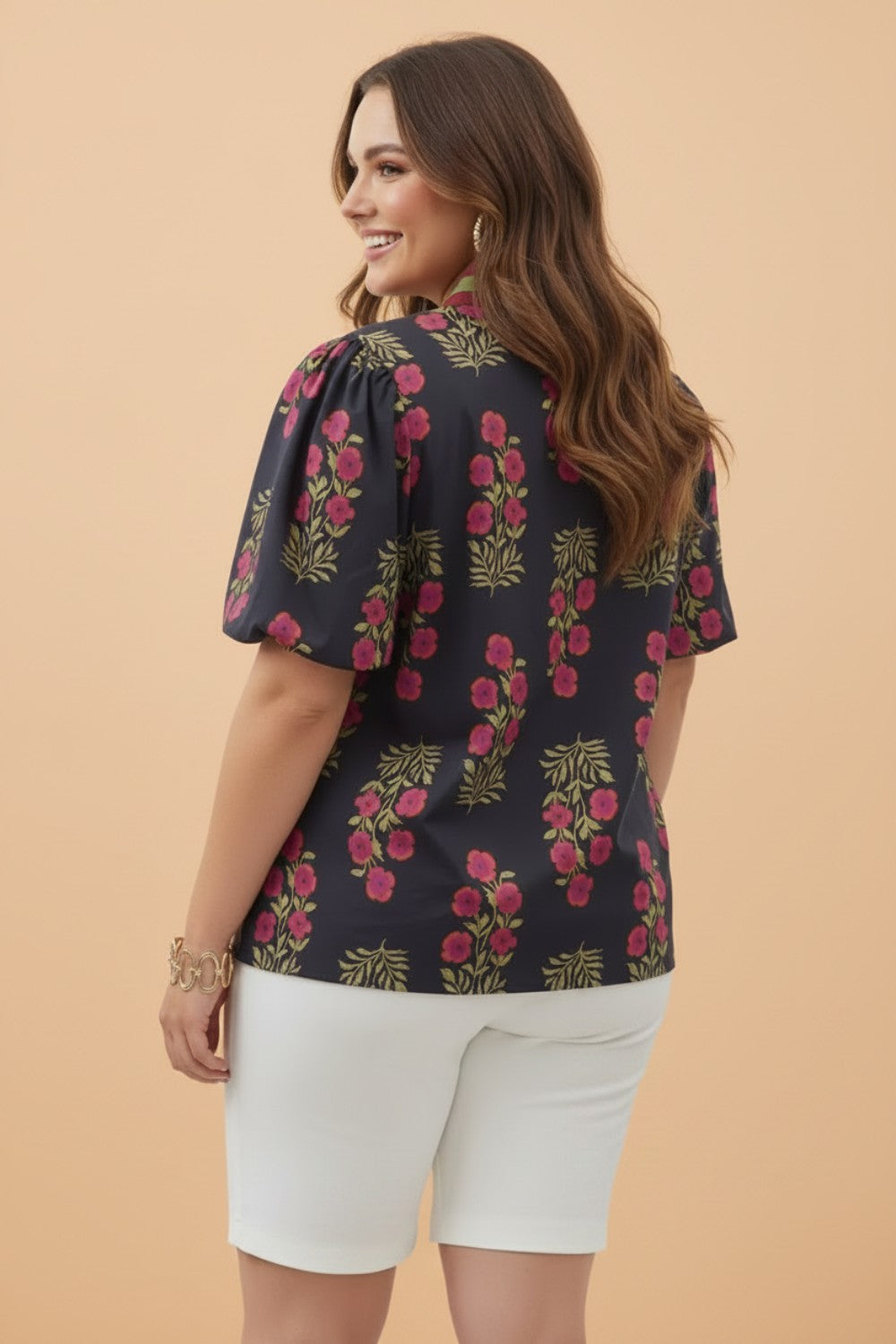 Plus Size Floral Ricrac Trim Short Sleeve Blouse