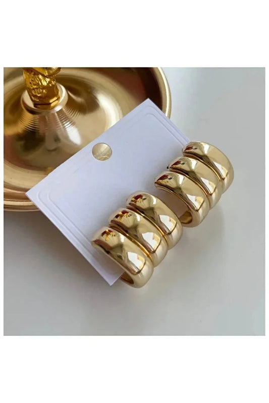 Premium Three Row Steel Rounded Earrings Women Elegant Daily Jewelry