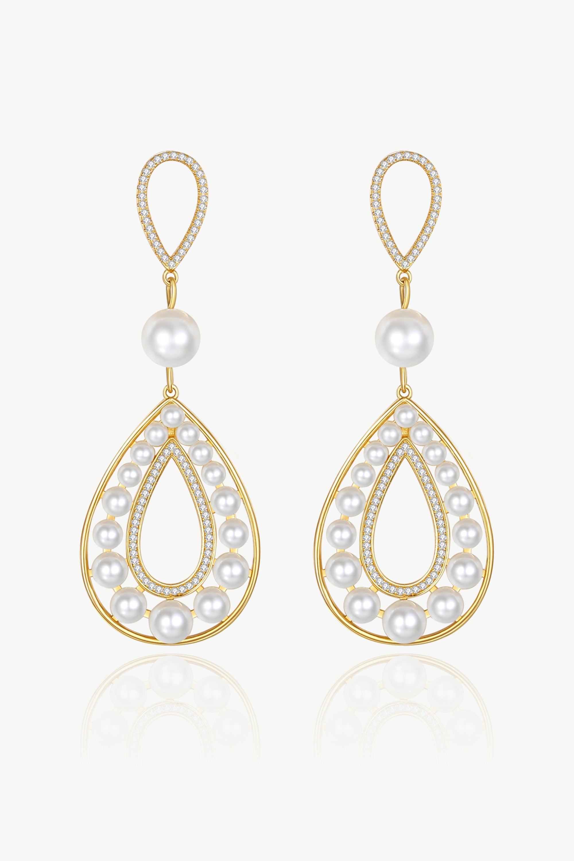 Gold Pearl Hollow Teardrop Dangle Earrings