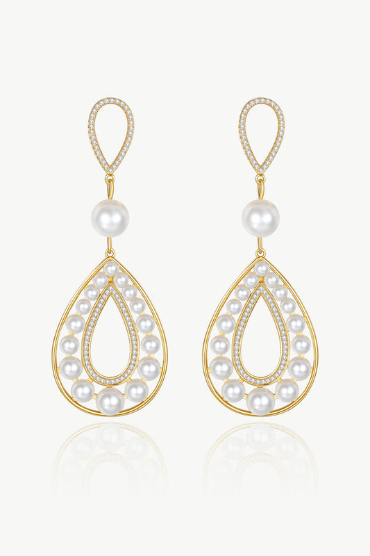 Gold Pearl Hollow Teardrop Dangle Earrings