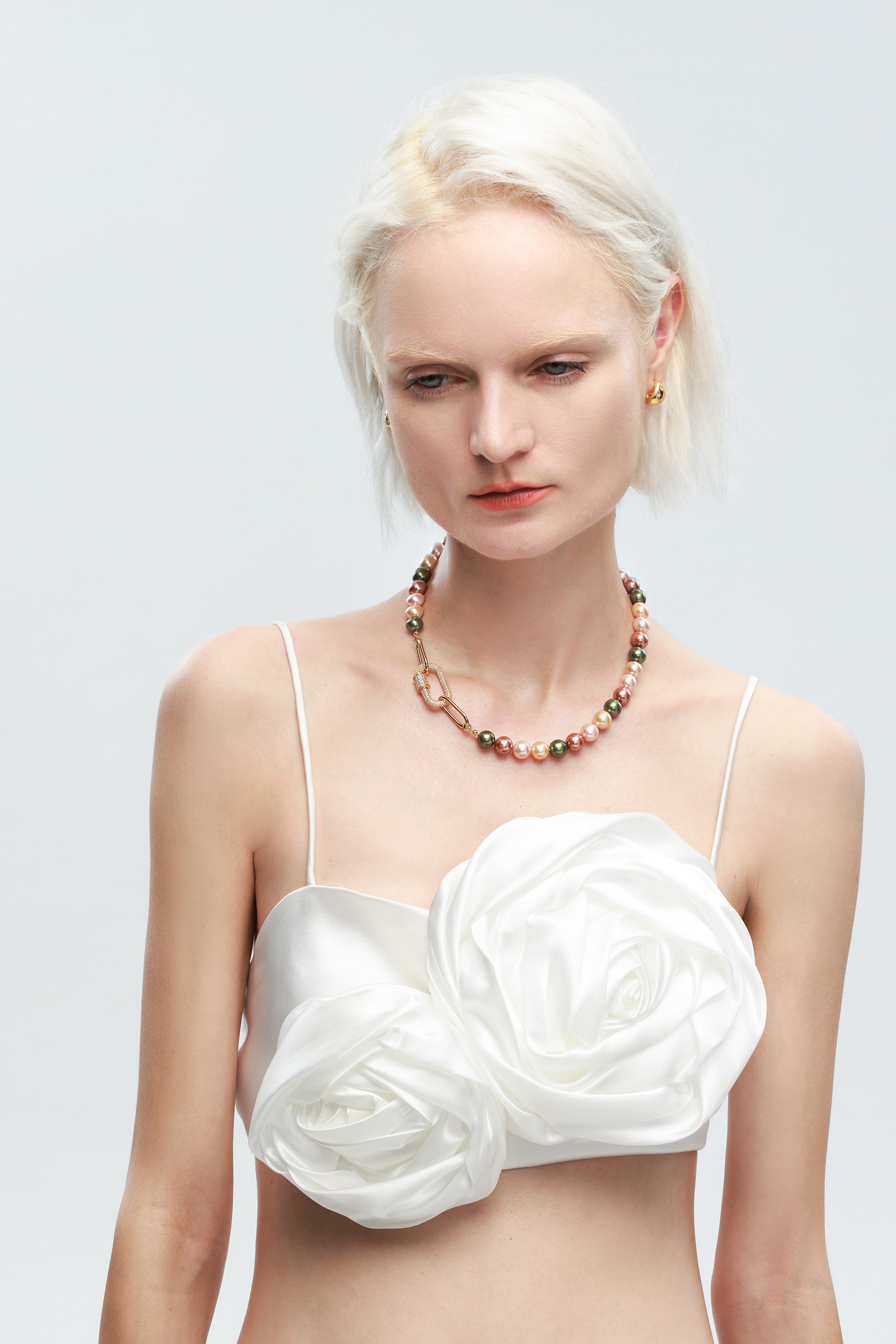 Gold Shell Pearl Necklace with Gem-Encrusted  Carabiner Lock (Large)