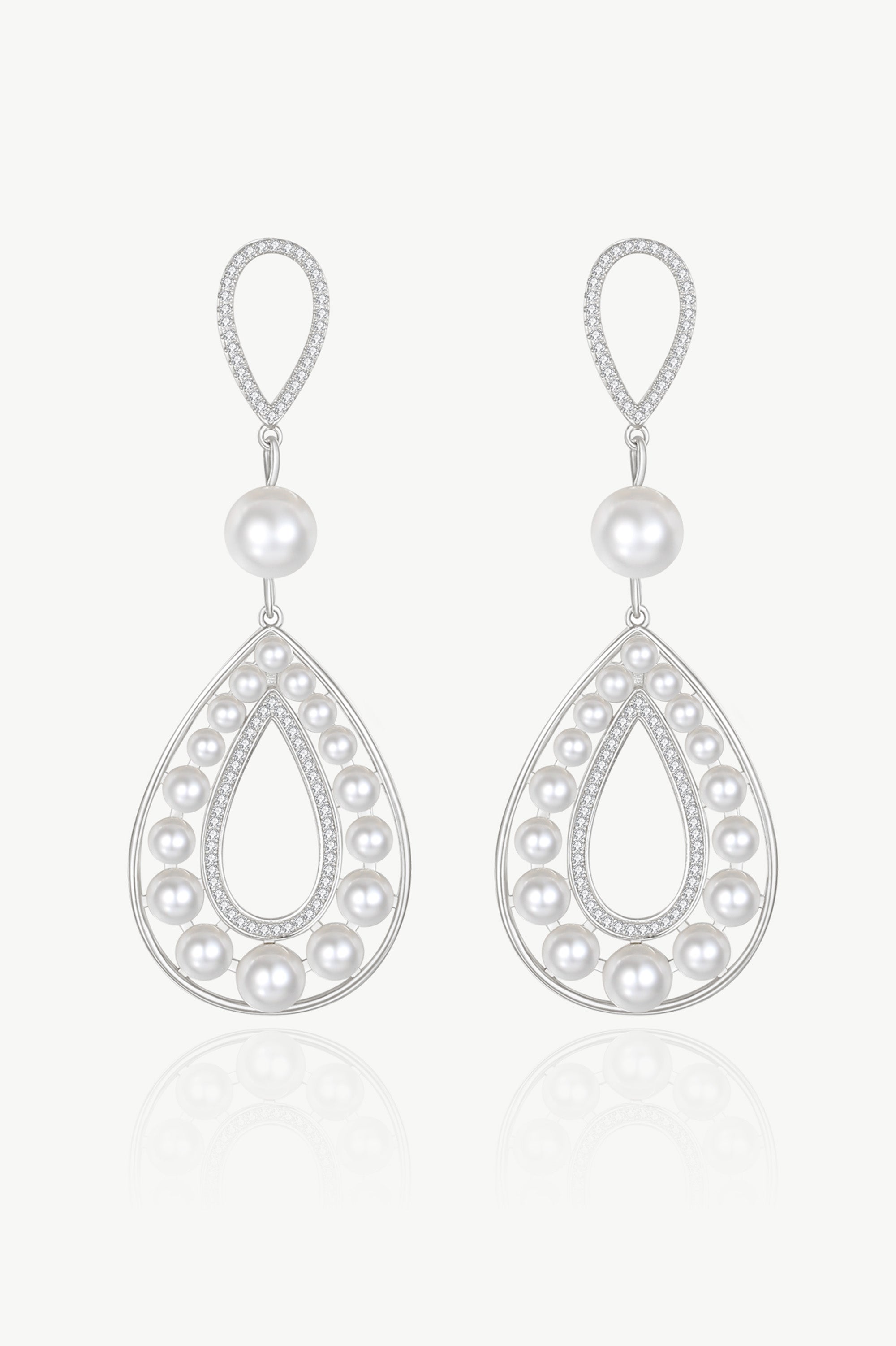 Silver Pearl Hollow Teardrop Dangle Earrings