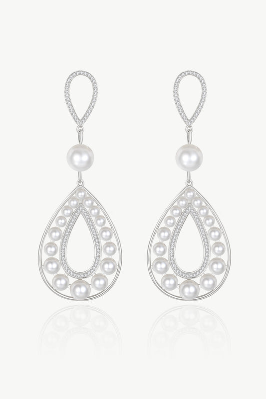 Silver Pearl Hollow Teardrop Dangle Earrings