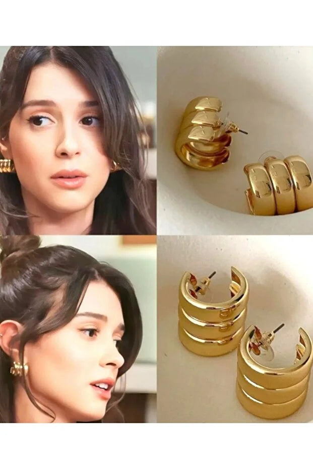 Premium Three Row Steel Rounded Earrings Women Elegant Daily Jewelry