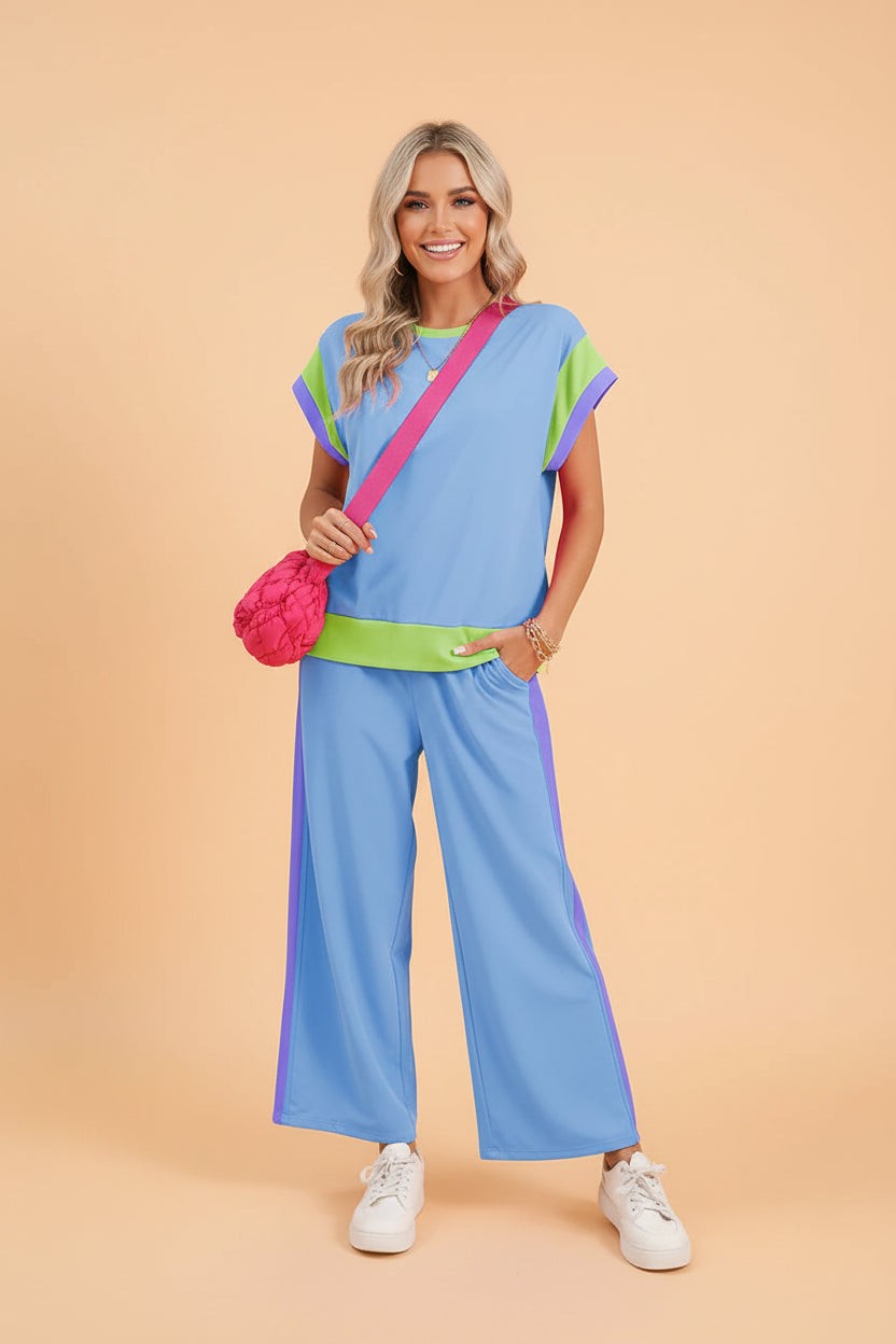 Colorblock Cap Sleeve Tee and Pants Set