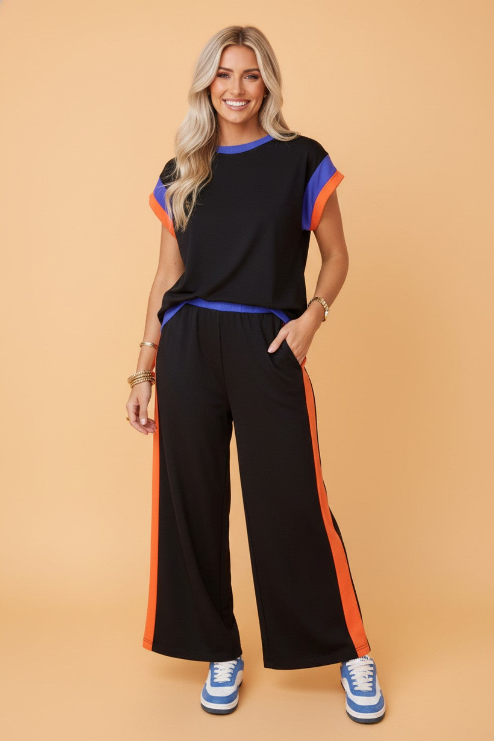 Colorblock Cap Sleeve Tee and Pants Set