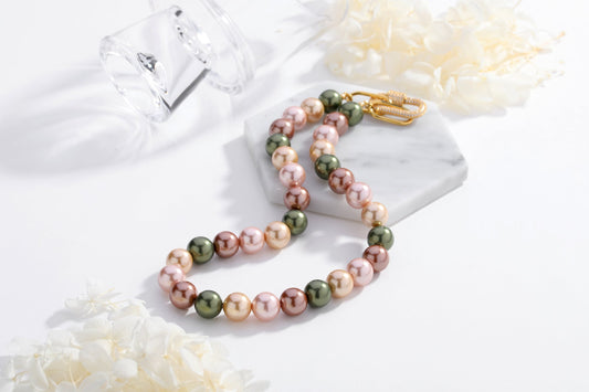 Gold Shell Pearl Necklace with Gem-Encrusted  Carabiner Lock (Large)