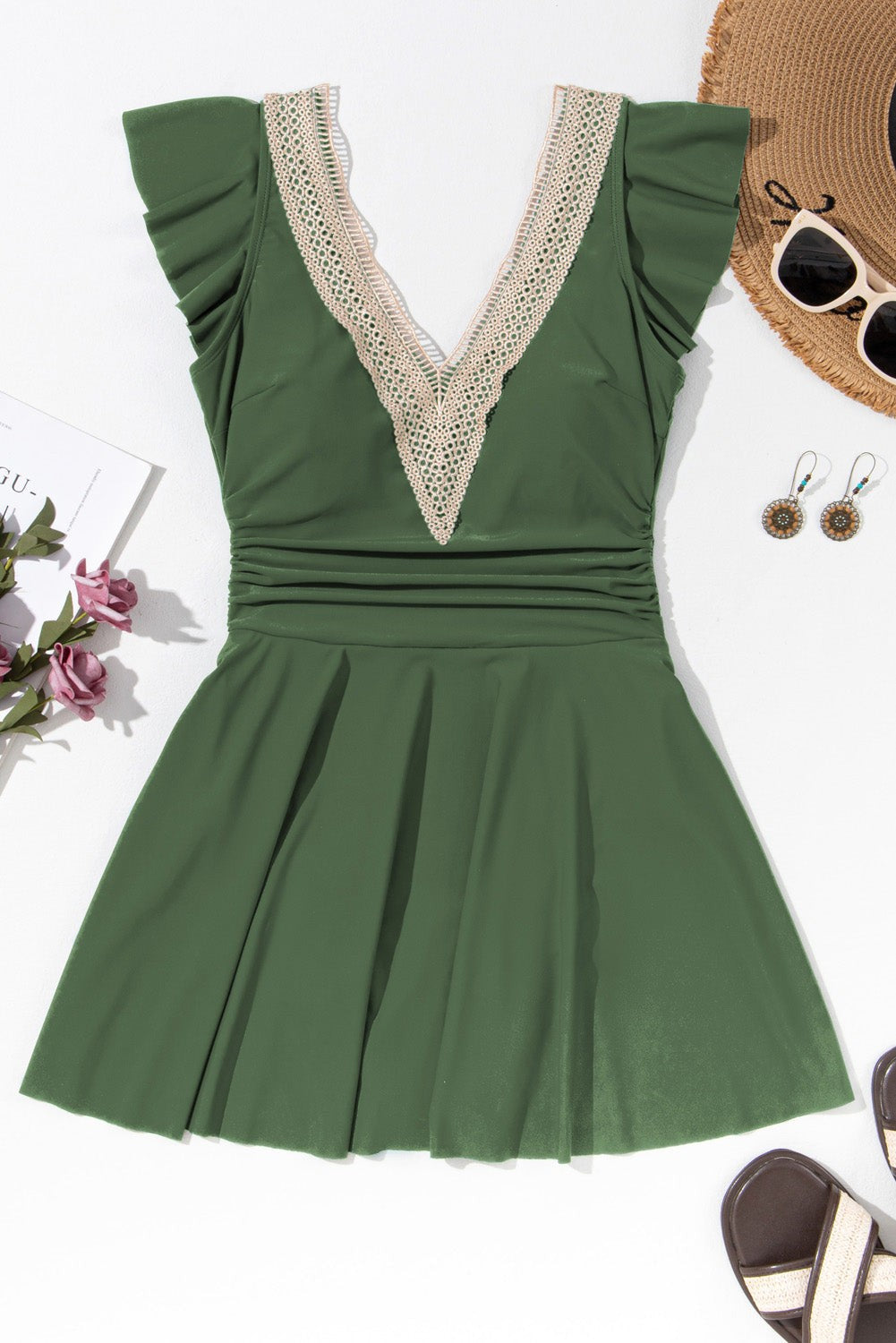 Ruffle Lace Trim V-Neck Short Sleeve Swim Dress