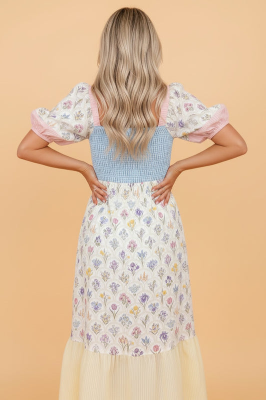 Floral Stripe Colorblock Square Neck Shirred Dress