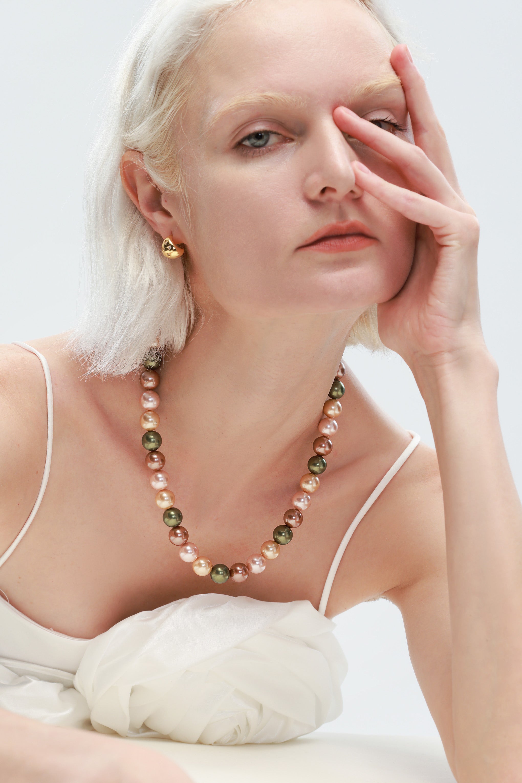 Gold Shell Pearl Necklace with Gem-Encrusted  Carabiner Lock (Large)