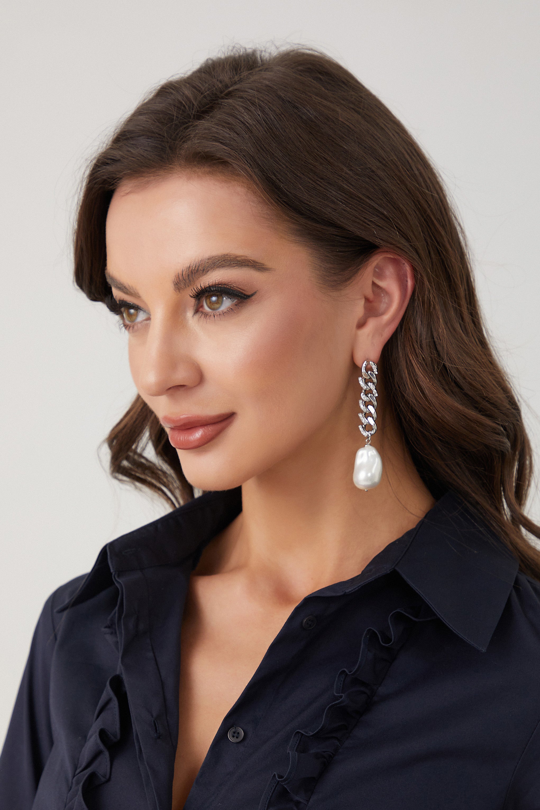 Silver Chain Baroque Pearl Drop Earrings