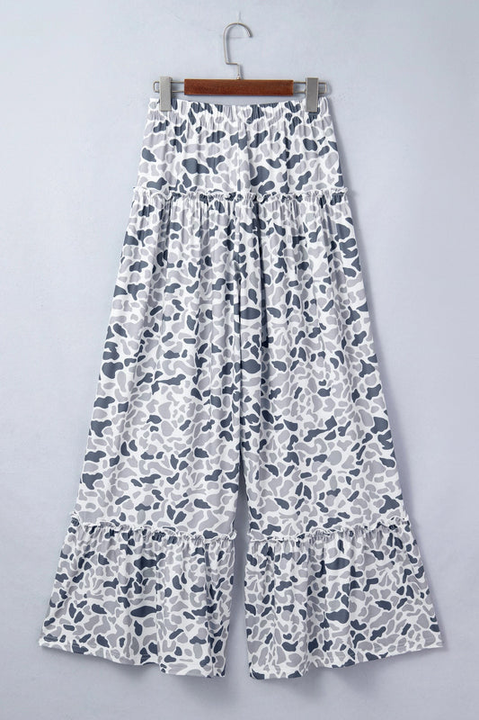Camo Ruffle Wide Leg Drawstring Pants
