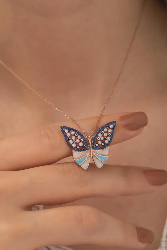 Blue Stone Butterfly 925 Sterling Silver Rhodium Plated Pendant