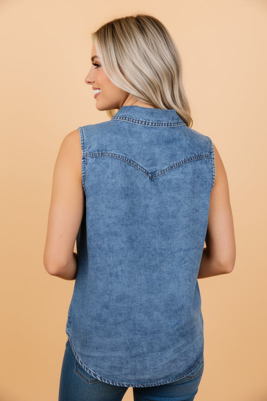 Denim Button Front Collared Sleeveless Vest