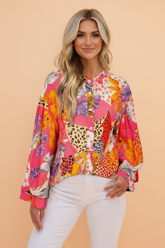 Floral Abstract Leopard Buttoned Ruffle Bubble Sleeve Shirt