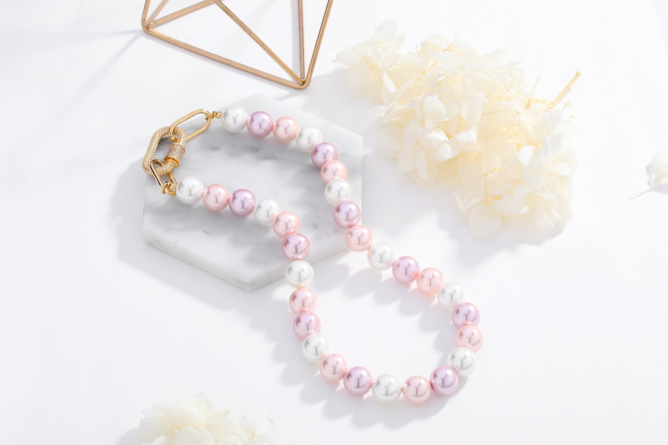 Pink Shell Pearl Necklace with Gem-Encrusted  Carabiner Lock (Large)