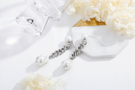 Silver Chain Baroque Pearl Drop Earrings