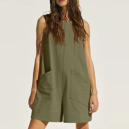 Women Sleeveless Shorts Jumpsuit With Pockets Fashion Beach Pants