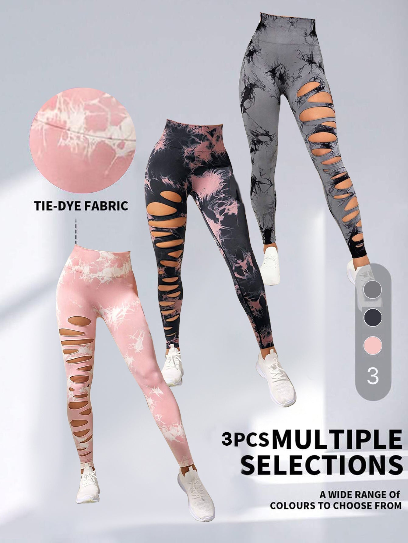 3 Pack Women's Tie Dye Cutout Tights High Waist Workout Yoga Leggings,